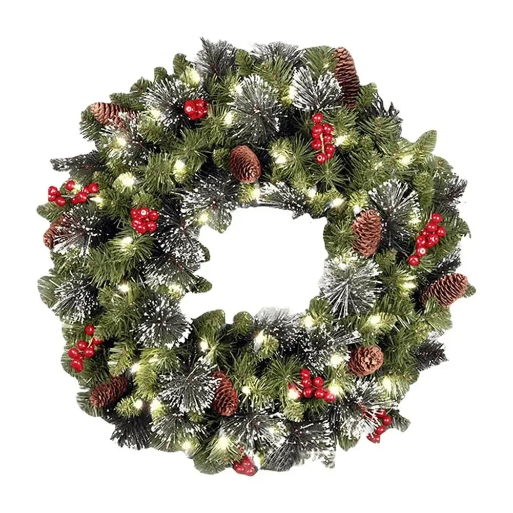 Pre-lit frosted pine Christmas wreath with berries and pine cones