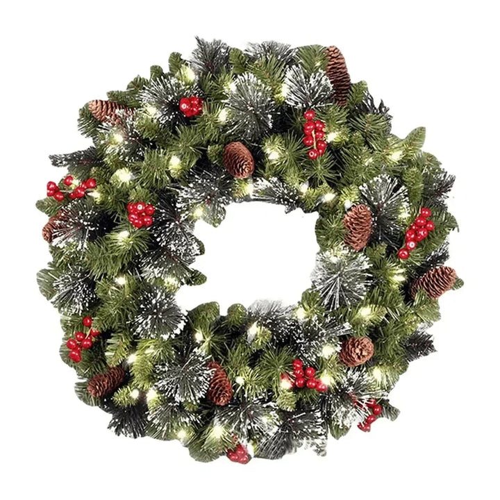 Pre-lit frosted pine Christmas wreath with berries and pine cones