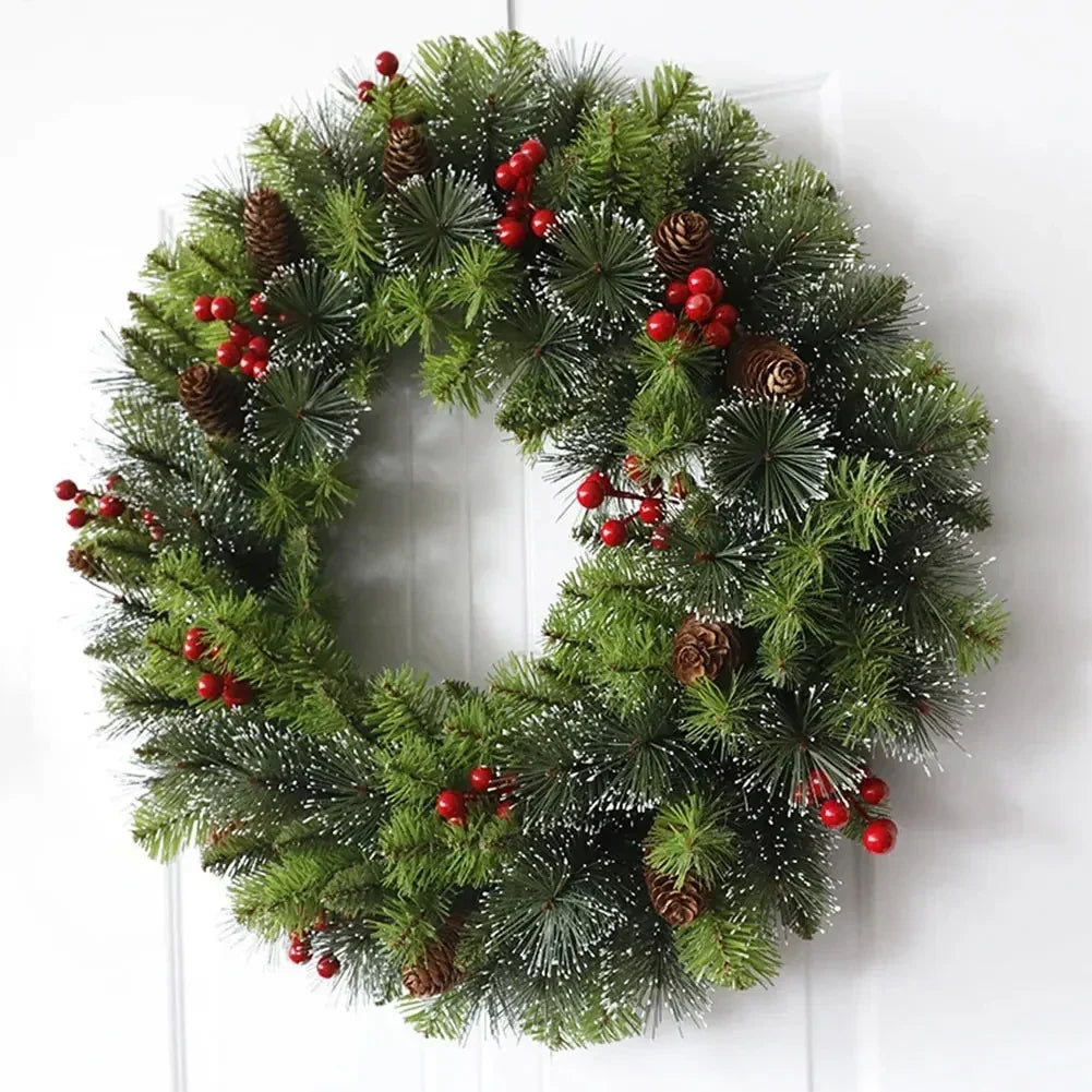 Pre-lit frosted pine Christmas wreath with berries and pine cones