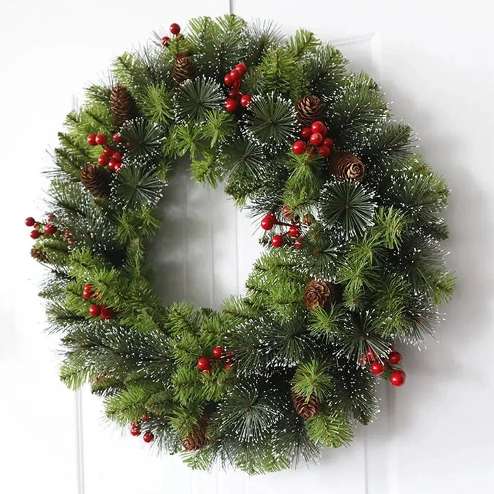 Pre-lit frosted pine Christmas wreath with berries and pine cones