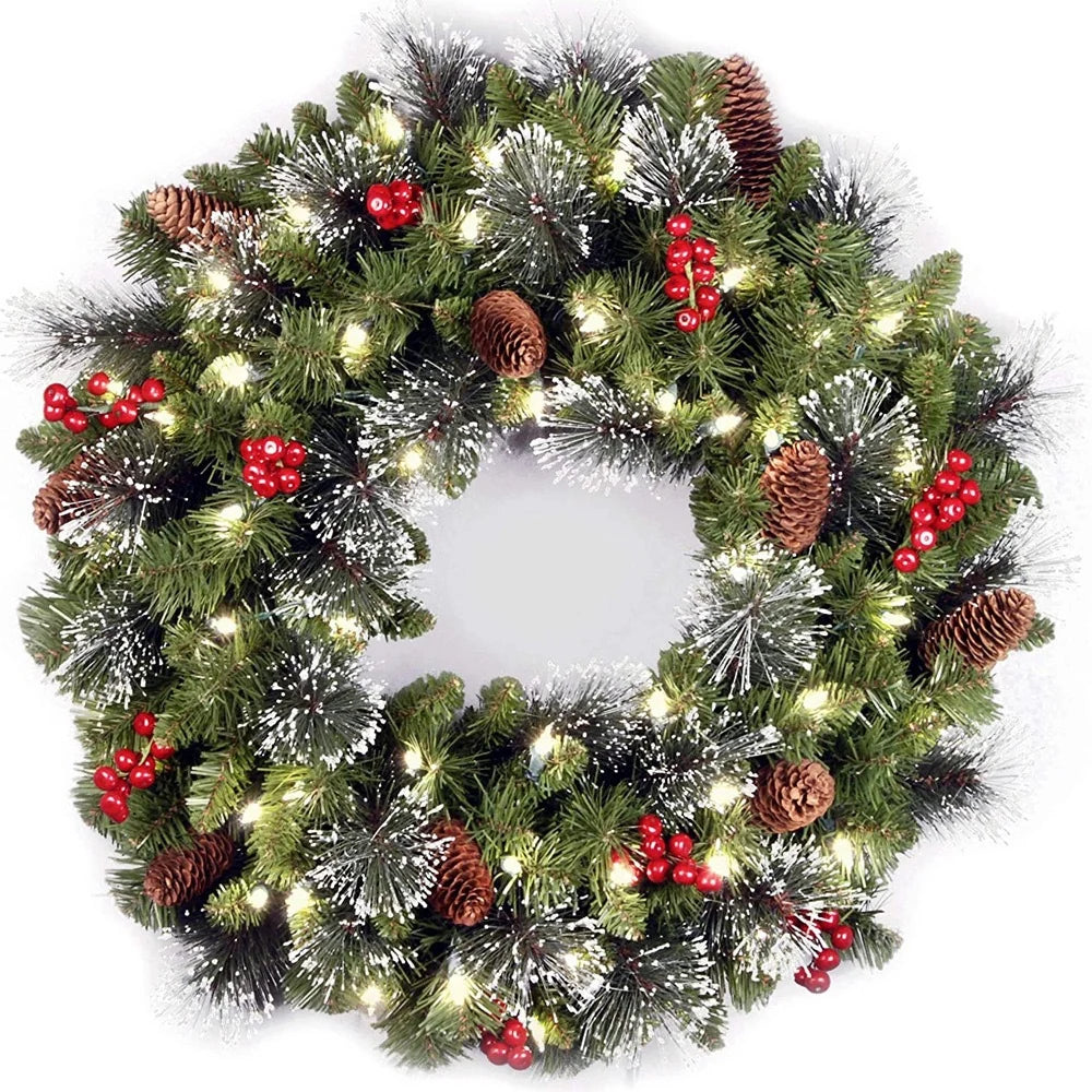 Pre-lit frosted pine Christmas wreath with berries and pine cones
