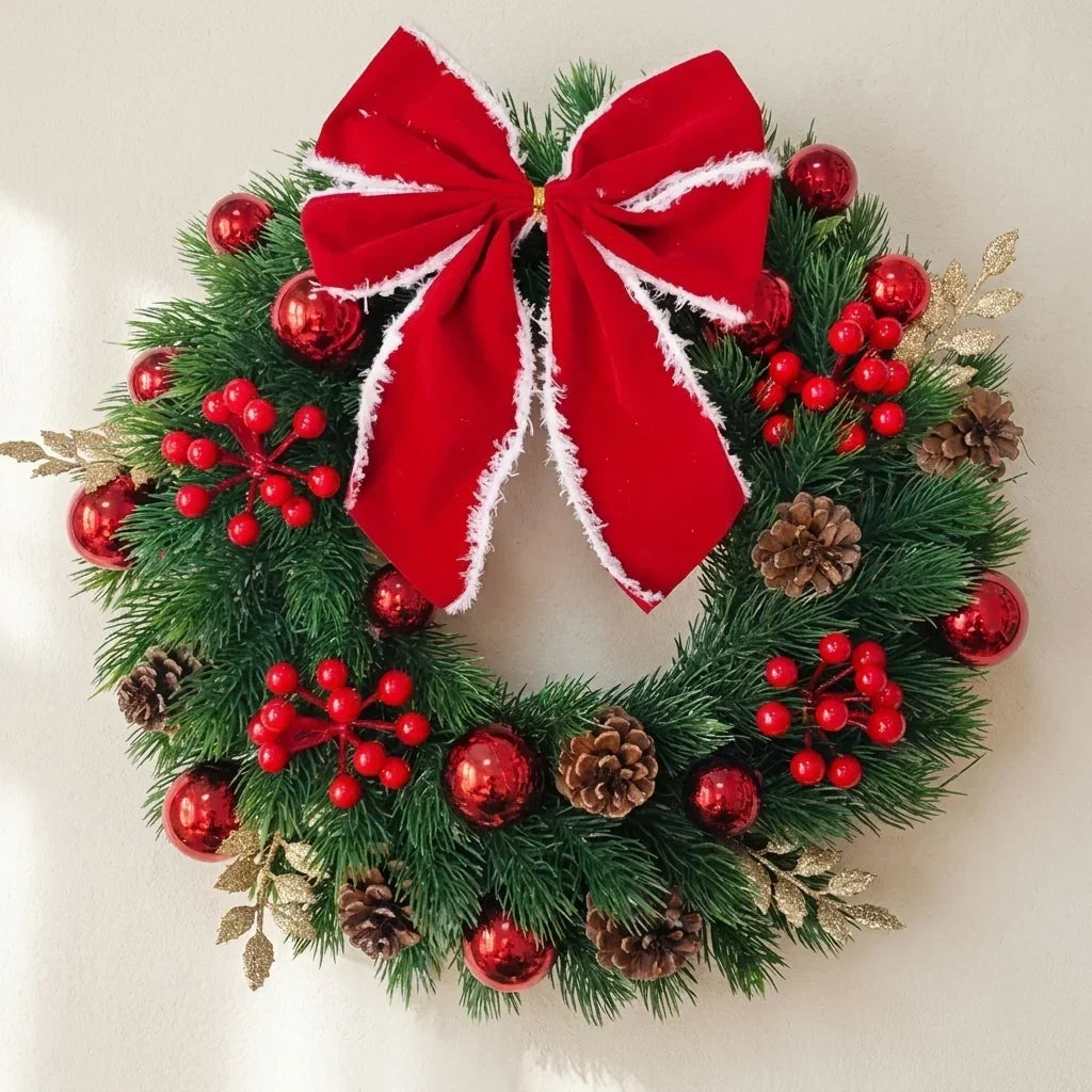 Christmas wreath with red velvet bow and baubles