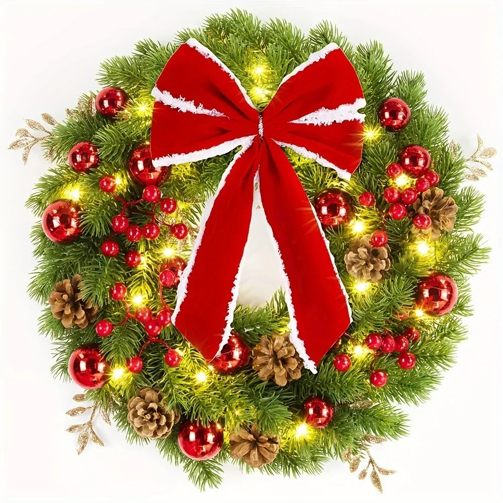 Christmas wreath with red velvet bow and baubles