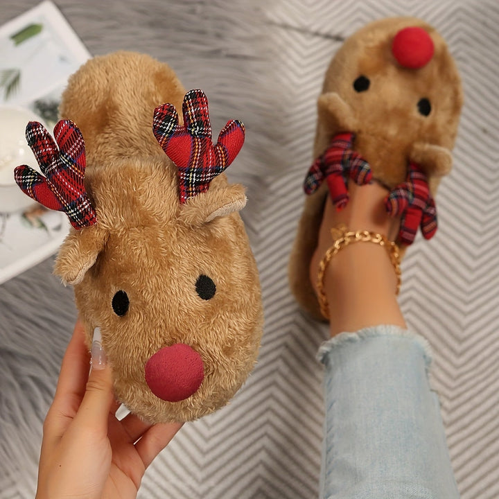 Reindeer faux fur slippers with plaid antlers