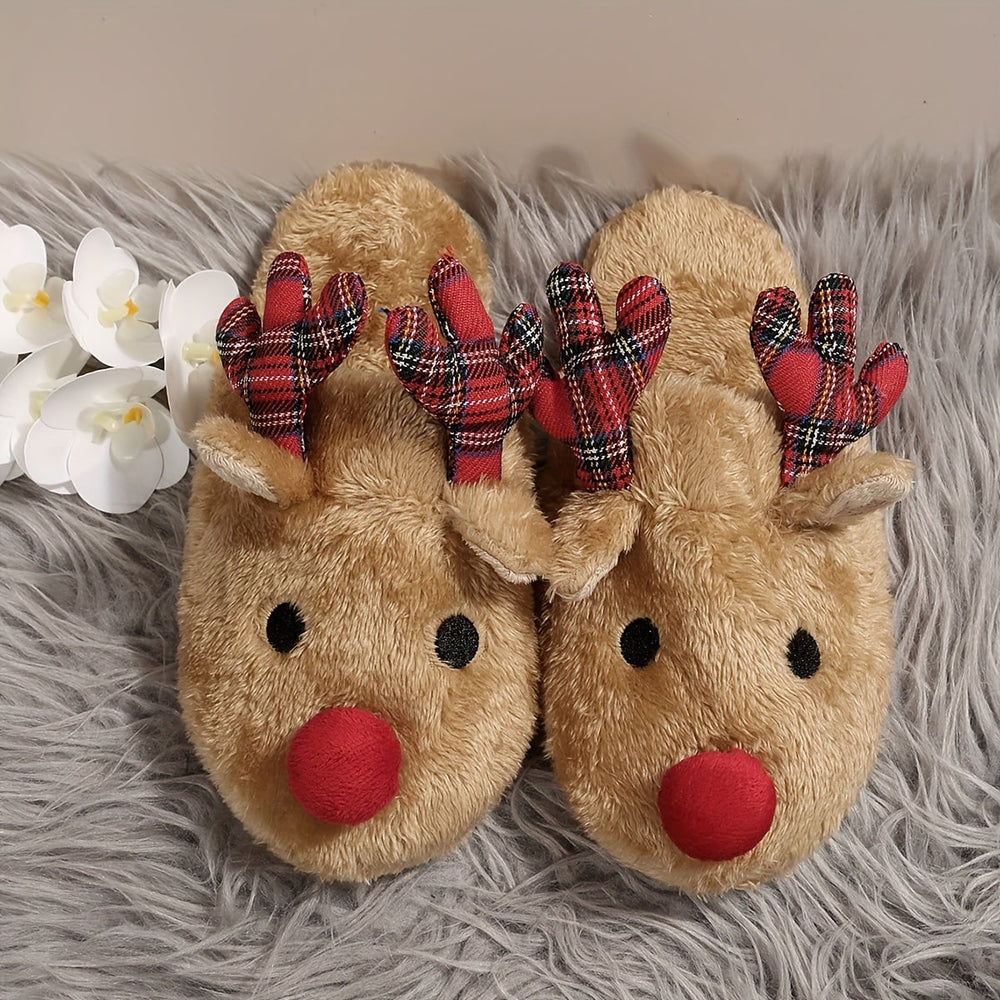 Reindeer faux fur slippers with plaid antlers