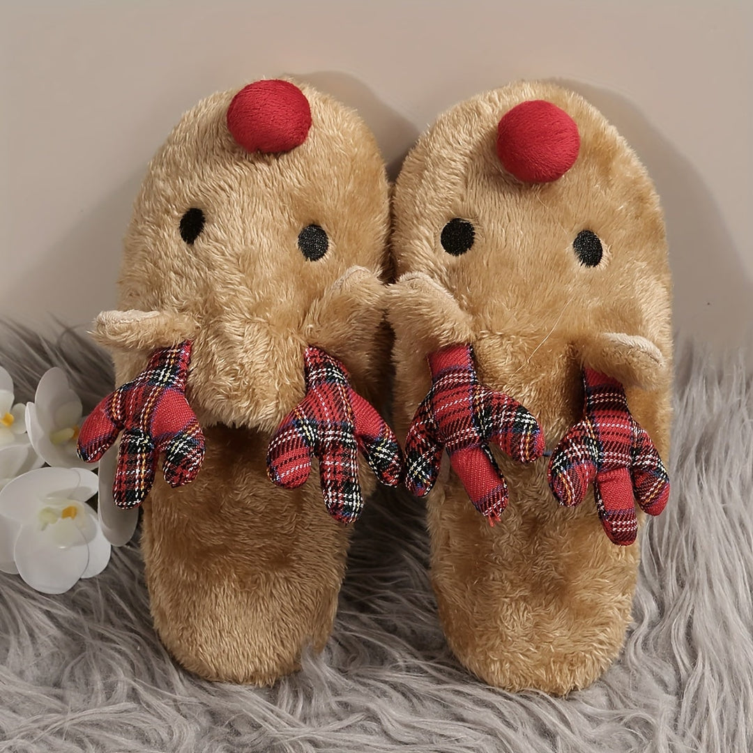 Reindeer faux fur slippers with plaid antlers