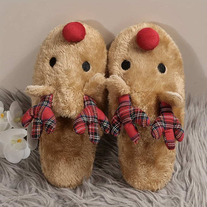 Reindeer faux fur slippers with plaid antlers