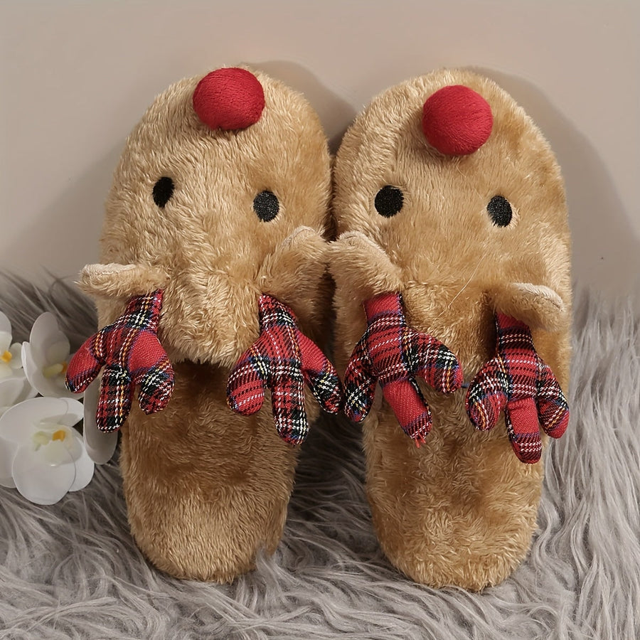 Reindeer faux fur slippers with plaid antlers