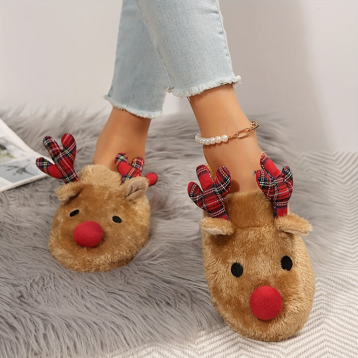 Reindeer faux fur slippers with plaid antlers