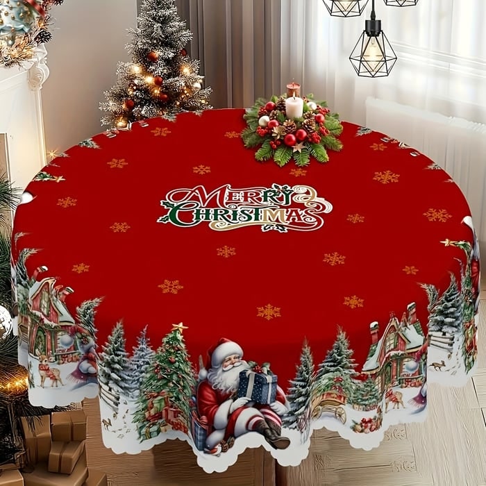 Round Christmas tablecloth with scalloped edge