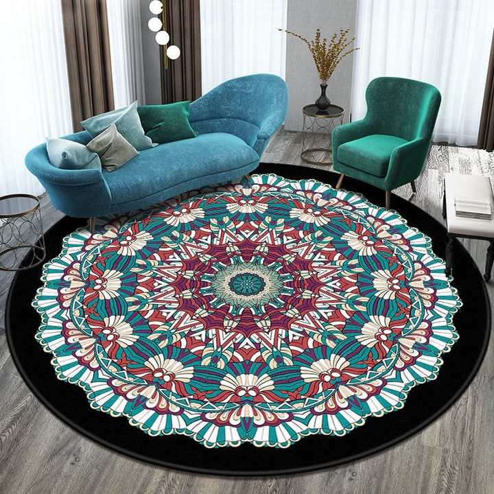 Round mandala flat weave rug