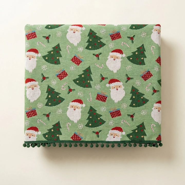 Sage green Christmas tablecloth with pom pom trim