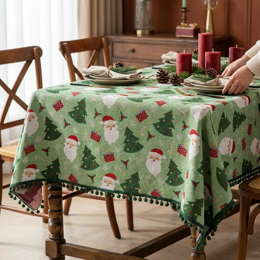 Sage green Christmas tablecloth with pom pom trim
