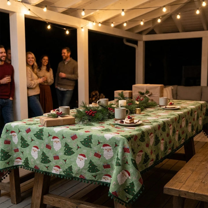 Sage green Christmas tablecloth with pom pom trim