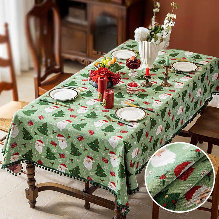 Sage green Christmas tablecloth with pom pom trim