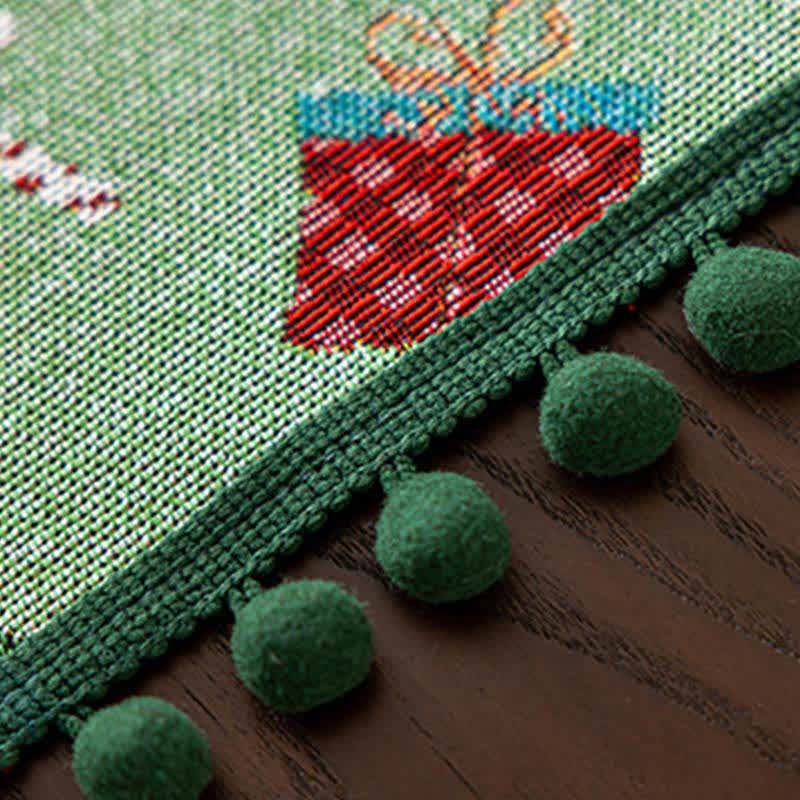 Sage green Christmas tablecloth with pom pom trim