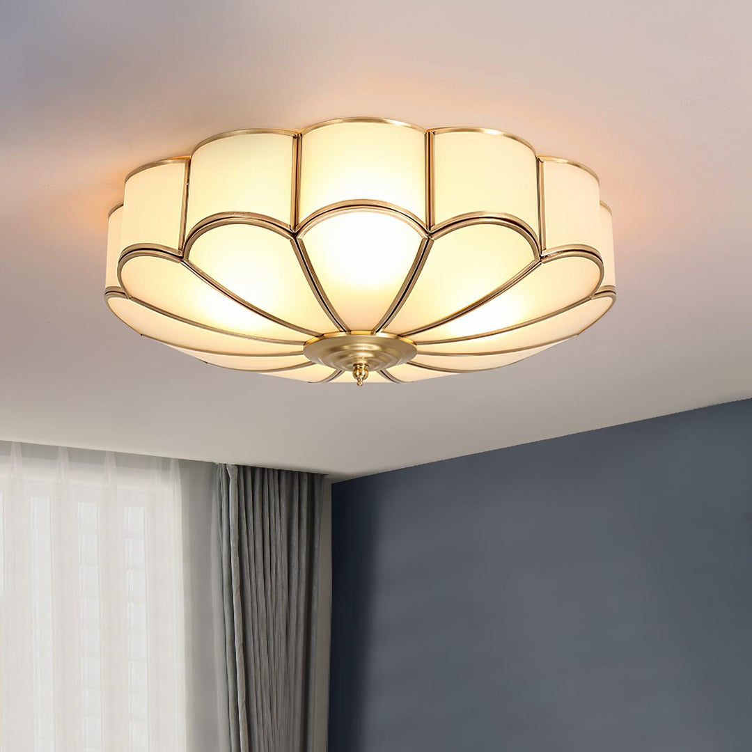 Scalloped brass and frosted glass ceiling light