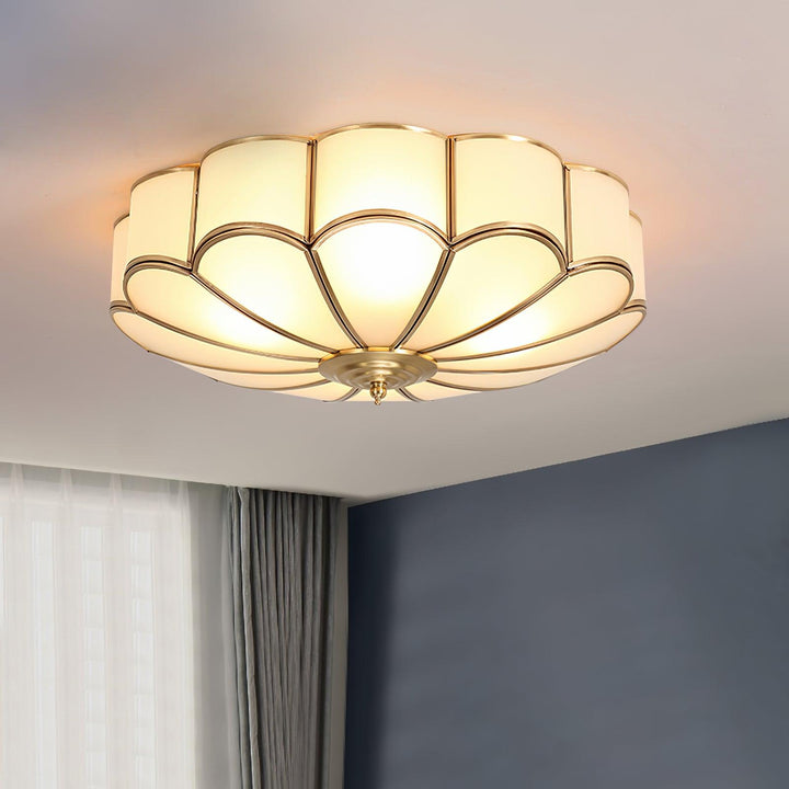 Scalloped brass and frosted glass ceiling light