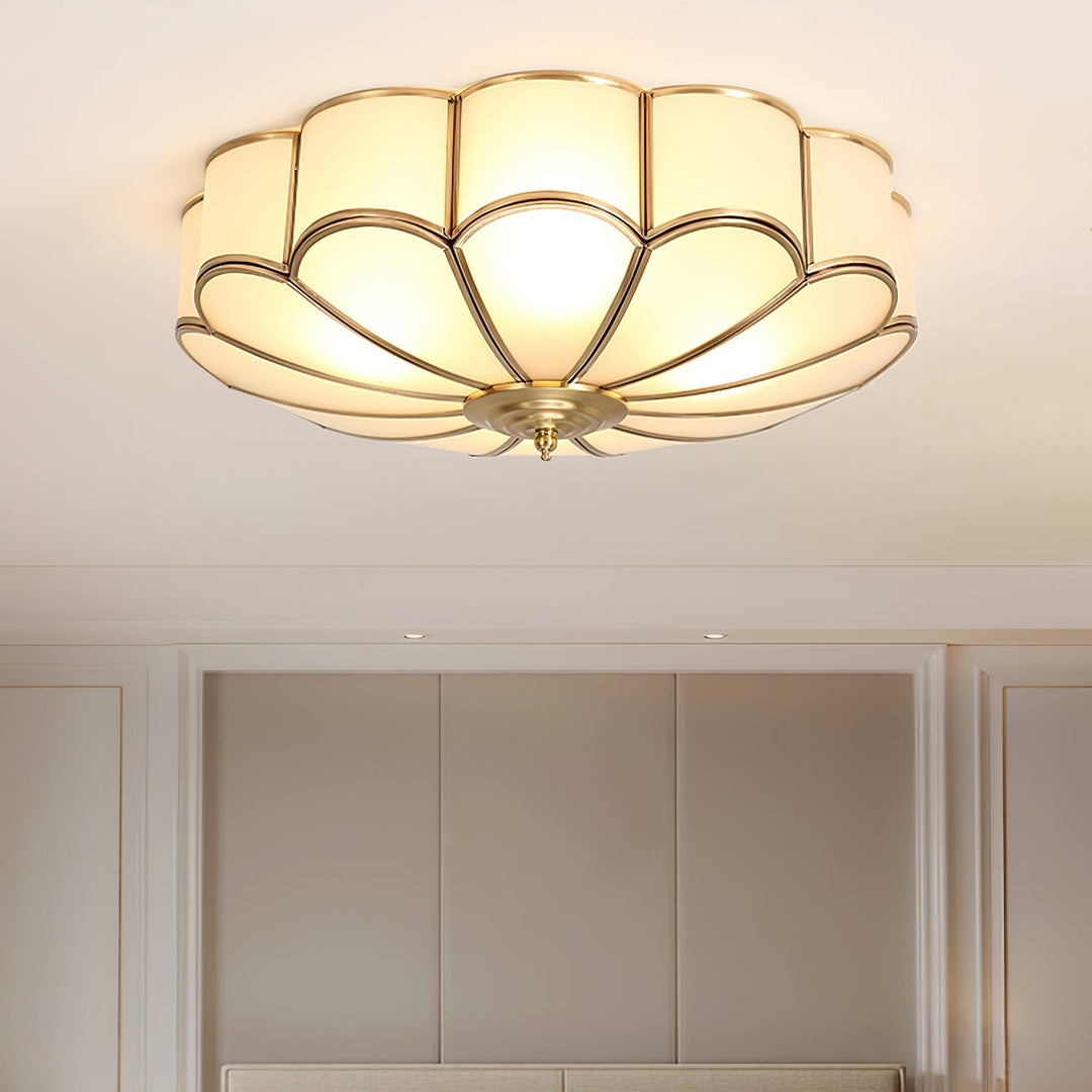 Scalloped brass and frosted glass ceiling light