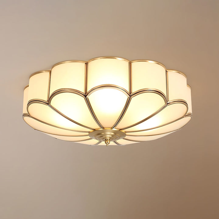 Scalloped brass and frosted glass ceiling light