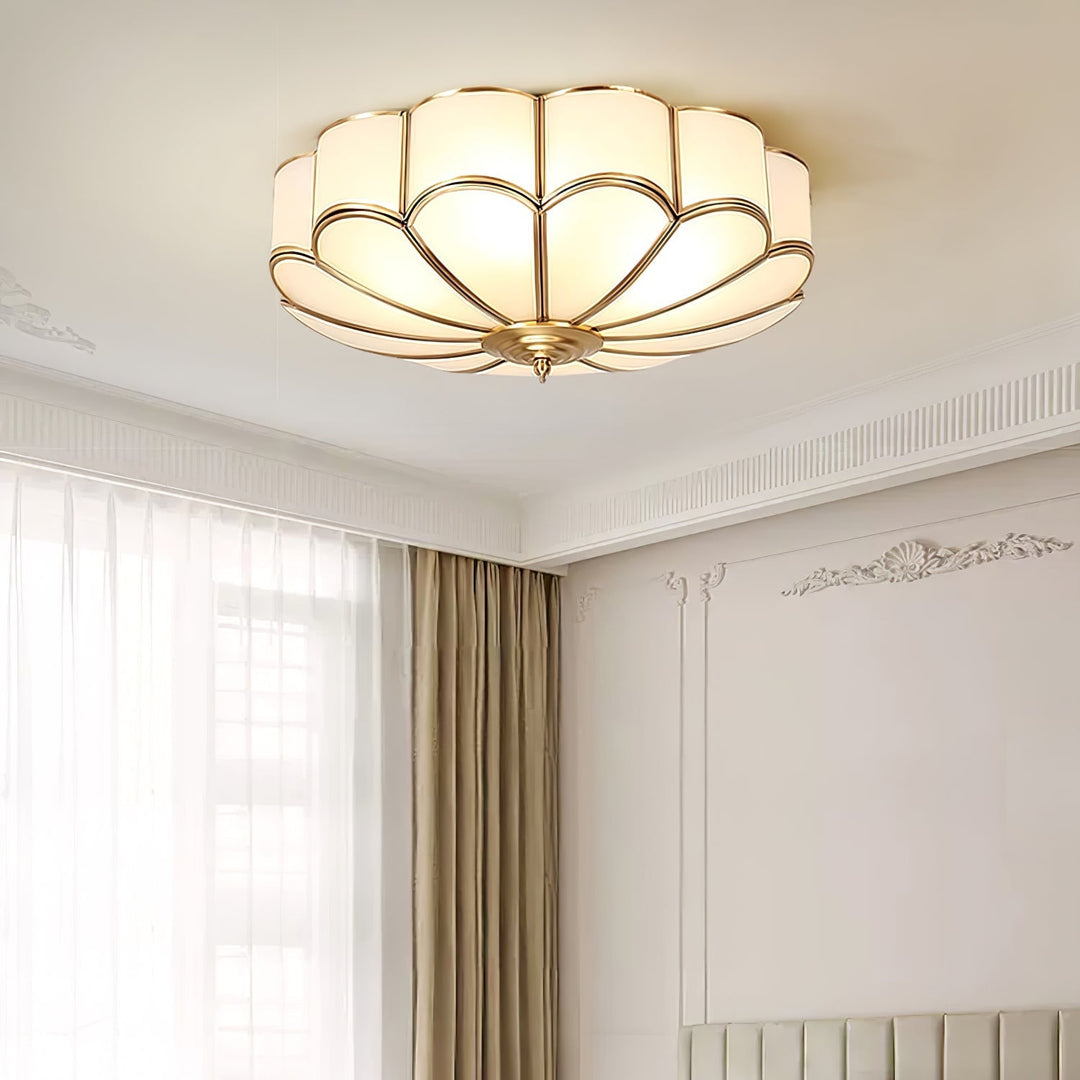 Scalloped brass and frosted glass ceiling light