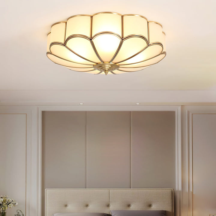 Scalloped brass and frosted glass ceiling light