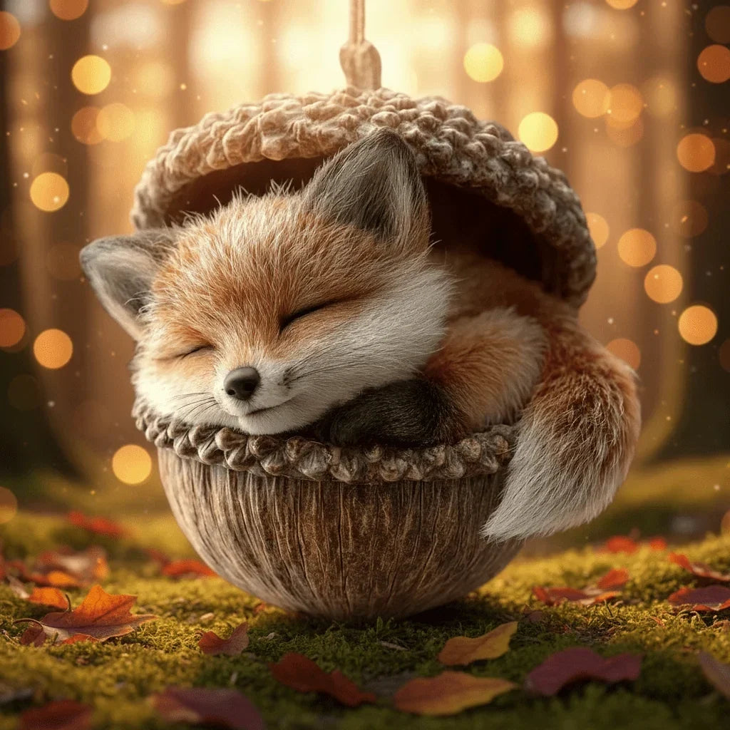 Sleeping woodland animal in an acorn Christmas ornament