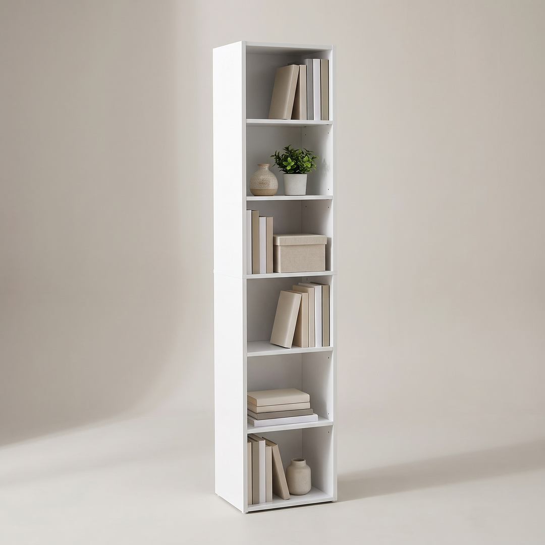 Slim white 6-tier bookcase