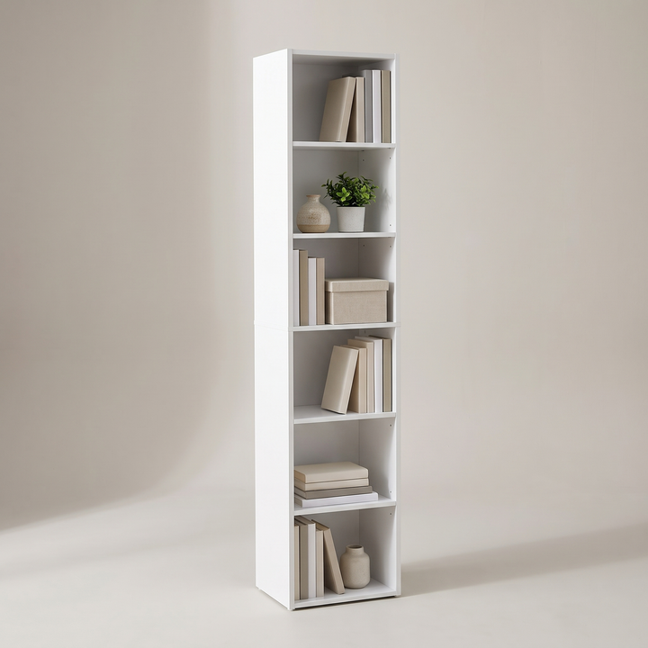 Slim white 6-tier bookcase