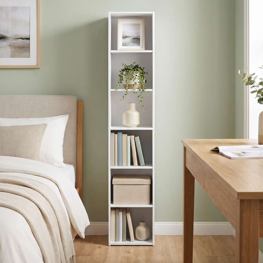 Slim white 6-tier bookcase
