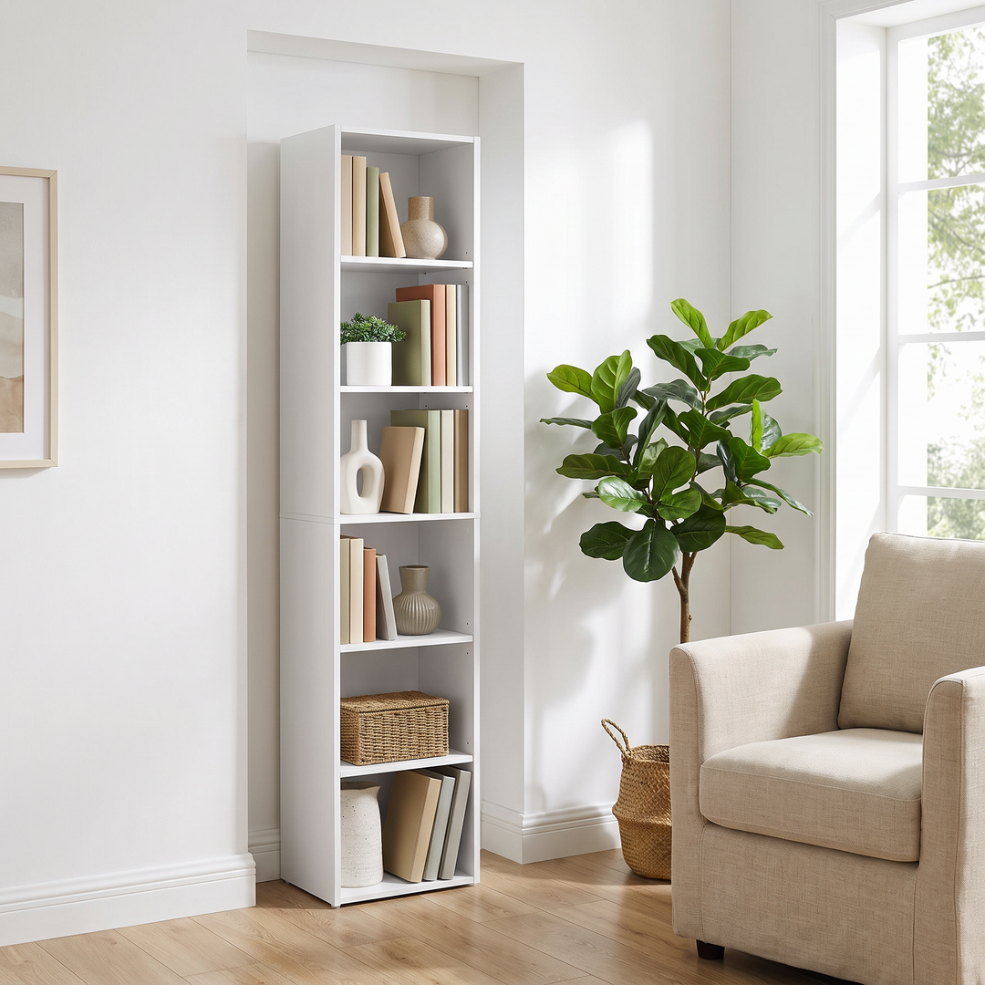 Slim white 6-tier bookcase