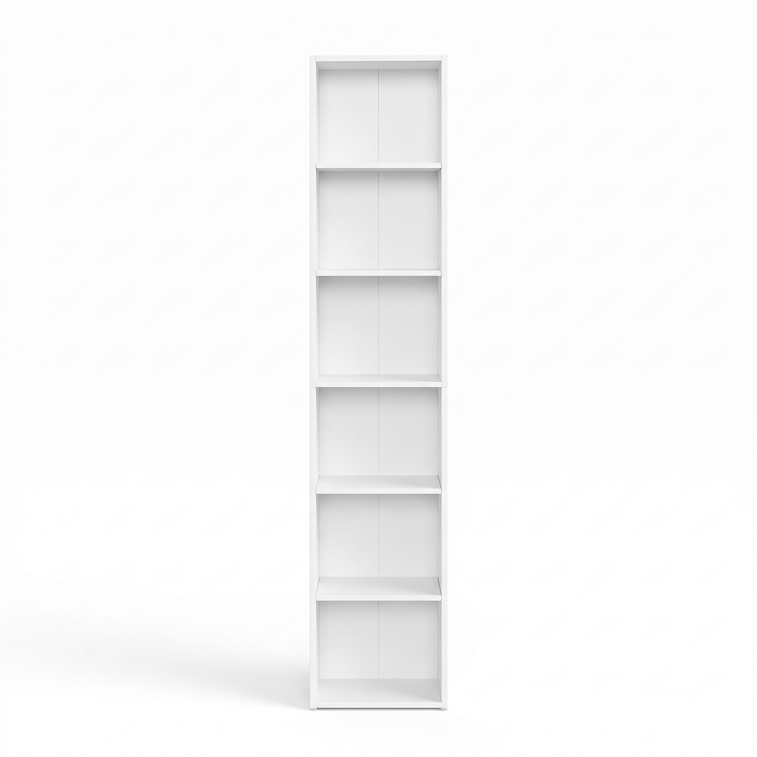Slim white 6-tier bookcase