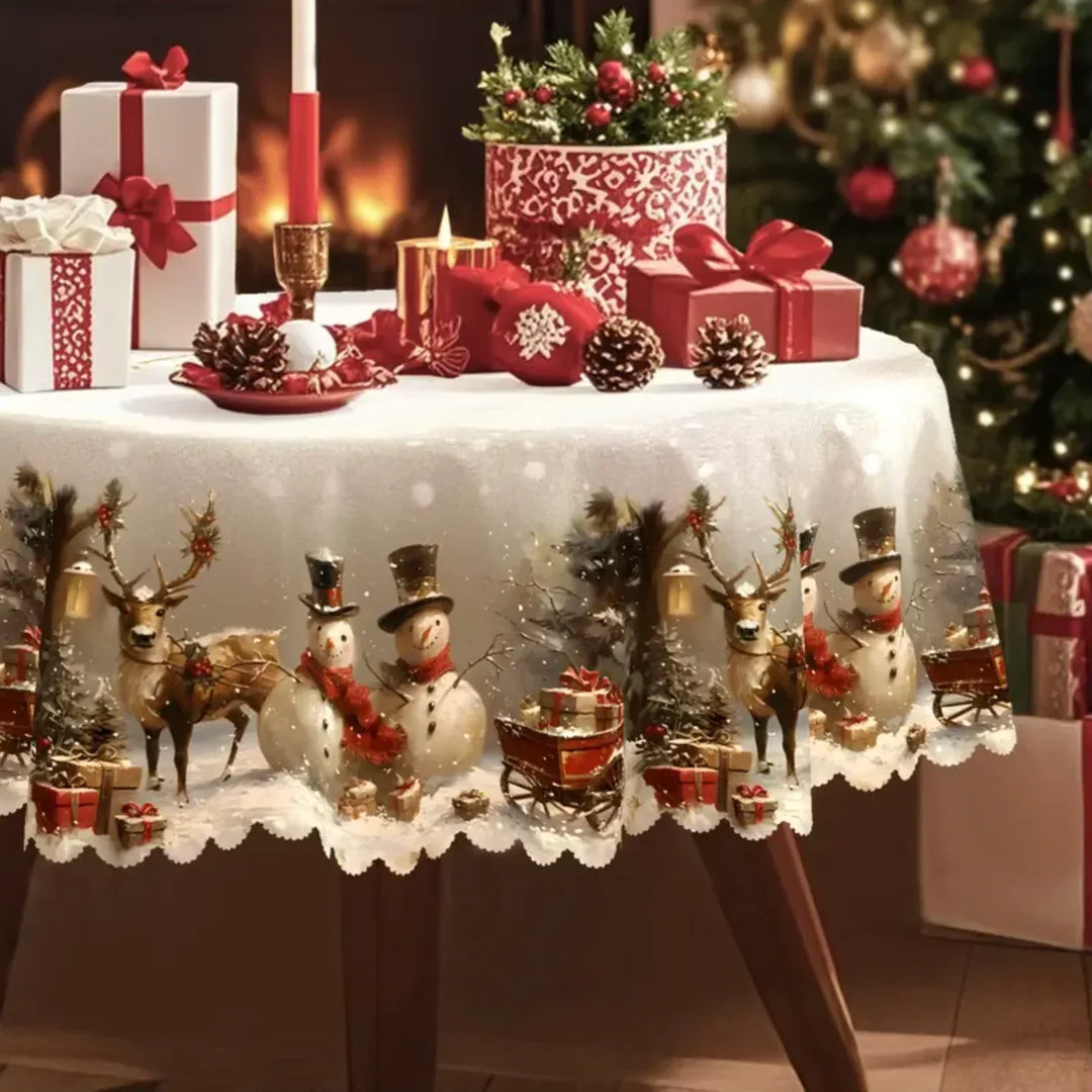 Snowman and reindeer Christmas tablecloth