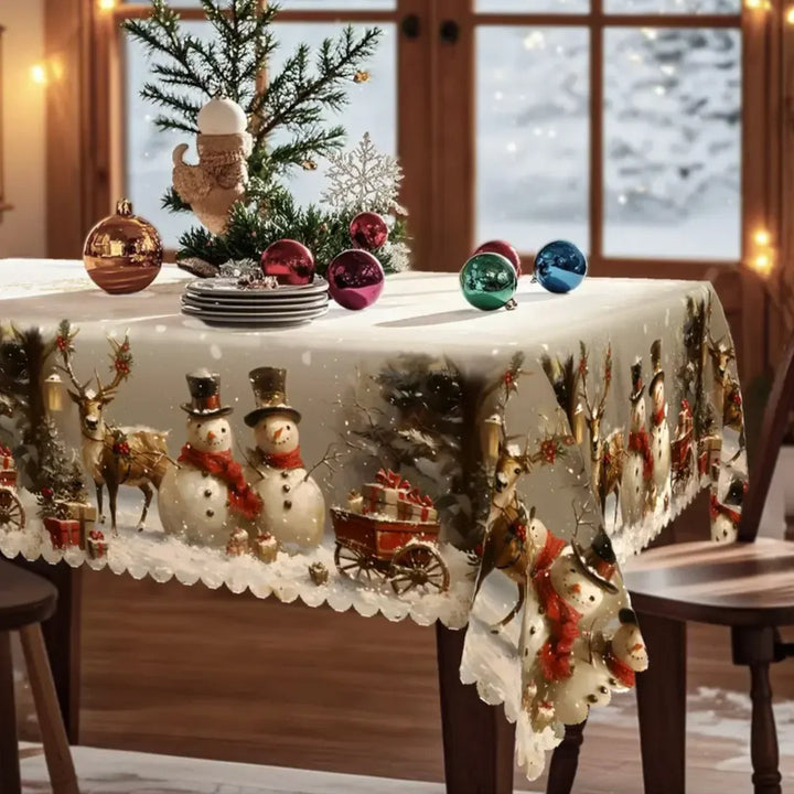 Snowman and reindeer Christmas tablecloth