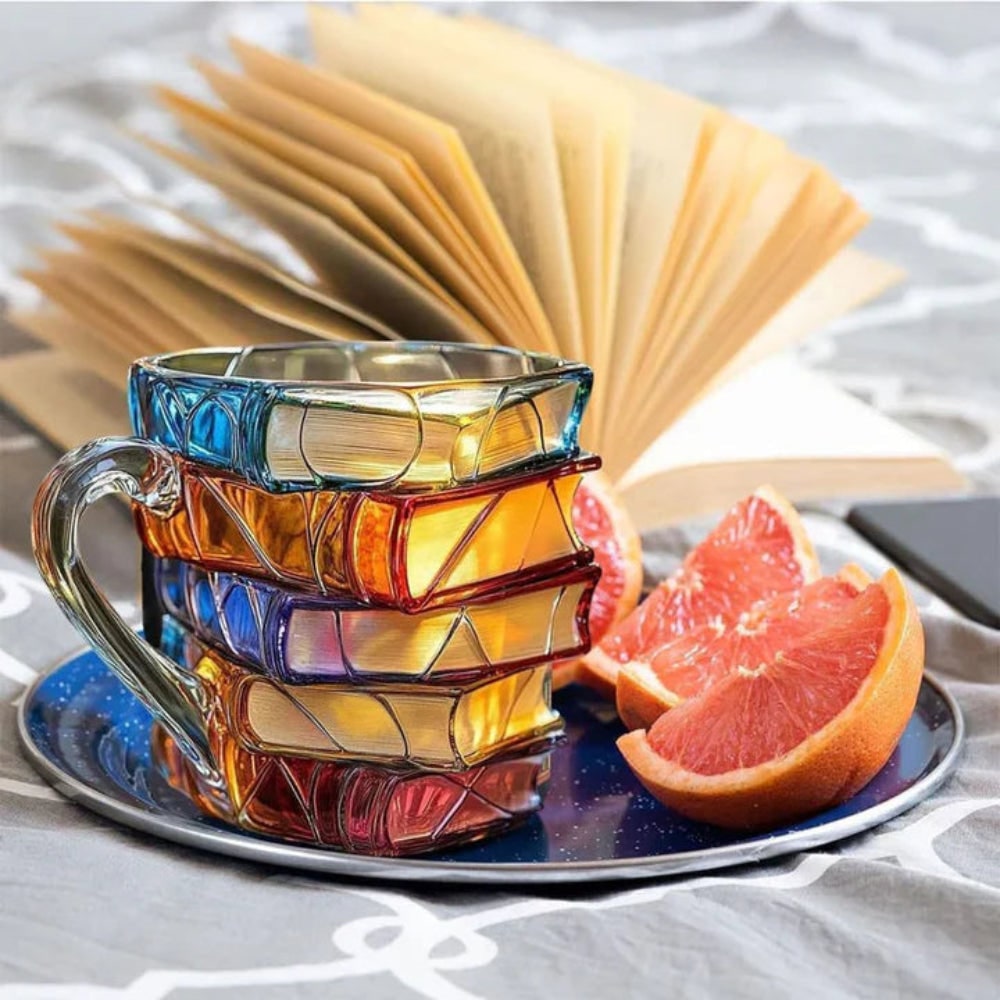 Stacked books borosilicate glass mug
