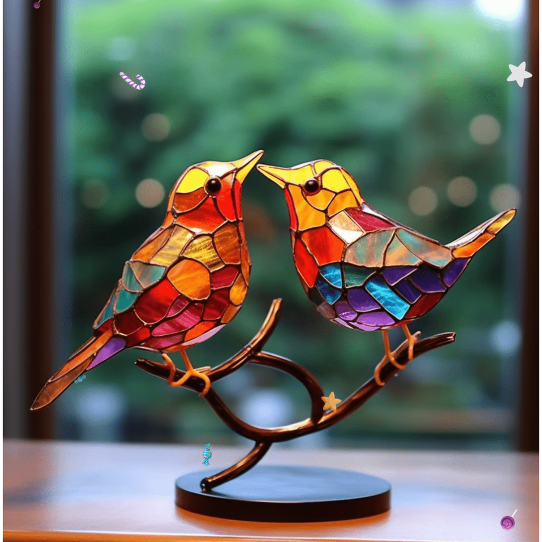Stained glass bird ornament on bronze stand