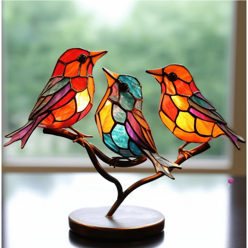 Stained glass bird ornament on bronze stand