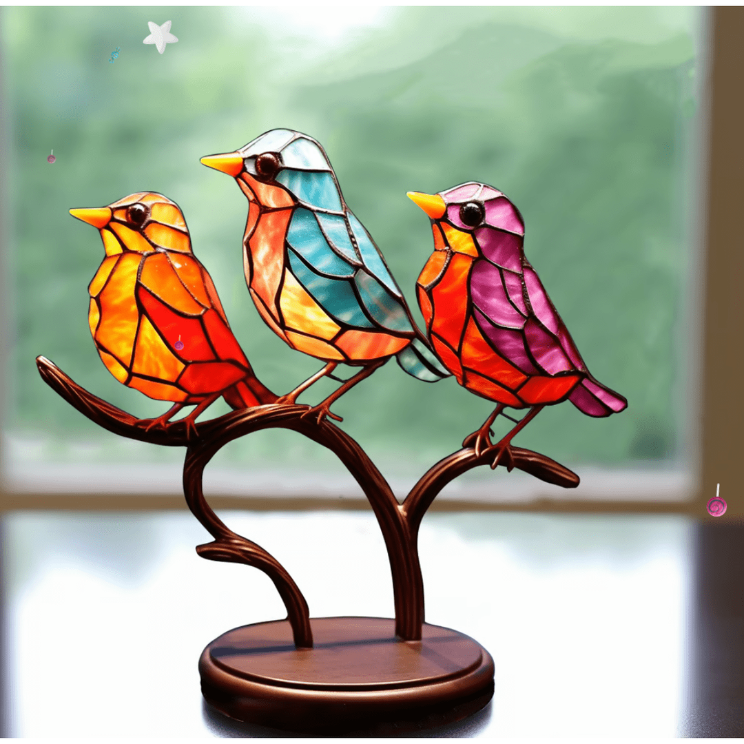 Stained glass bird ornament on bronze stand