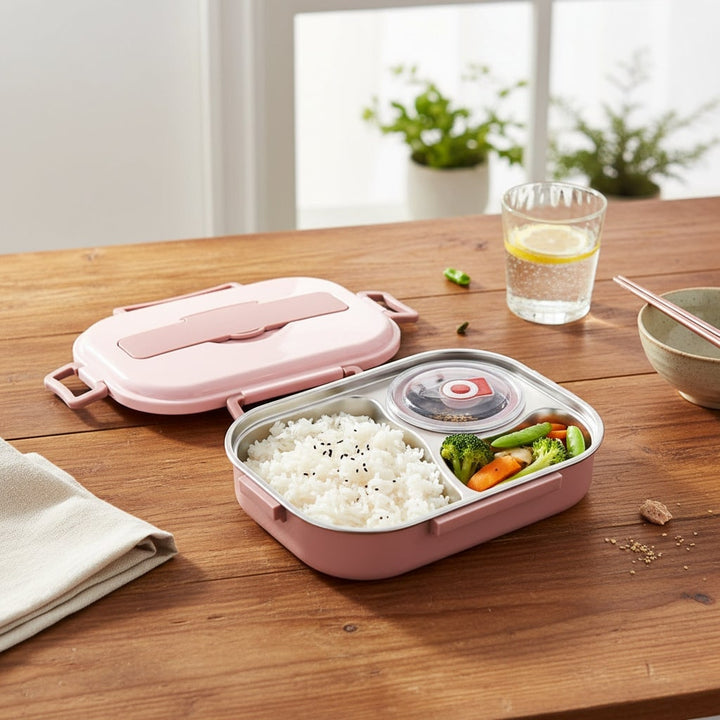Stainless steel bento box with lidded bowl