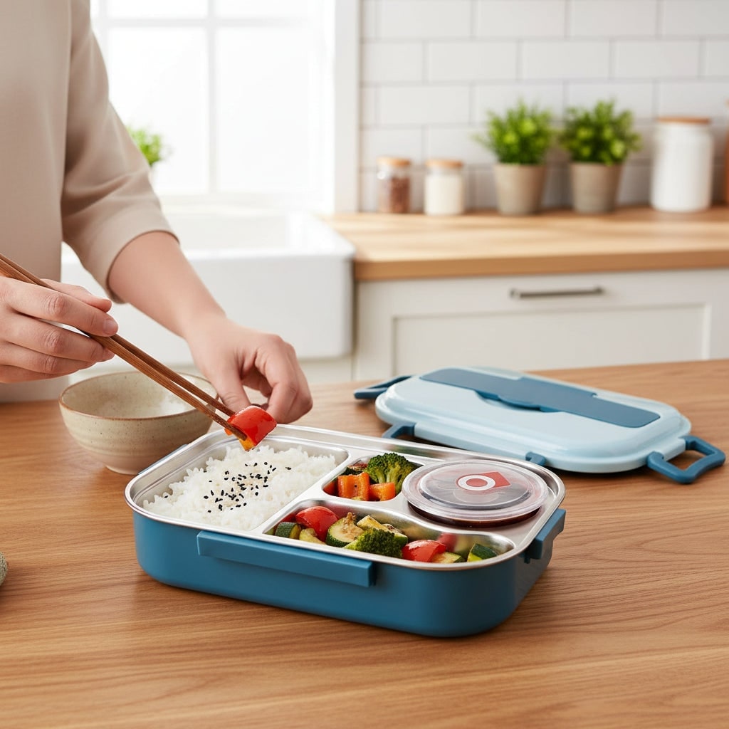 Stainless steel bento box with lidded bowl