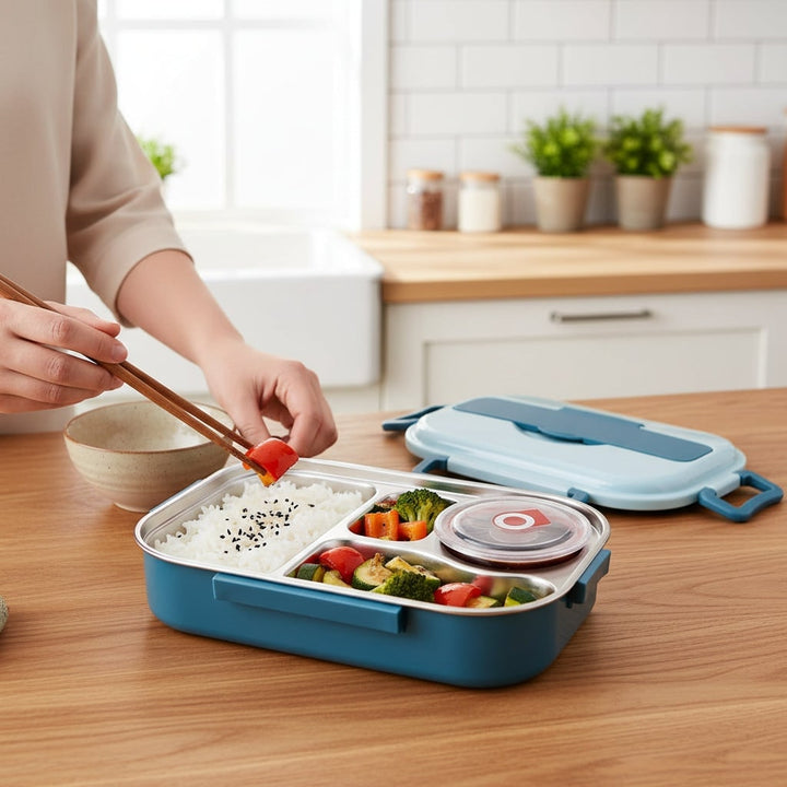 Stainless steel bento box with lidded bowl