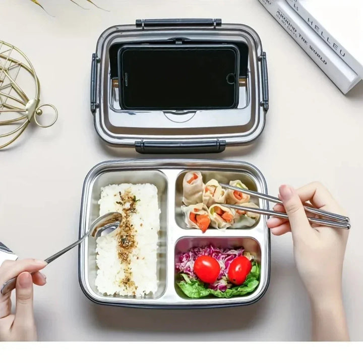 Stainless steel bento lunch box with phone stand lid