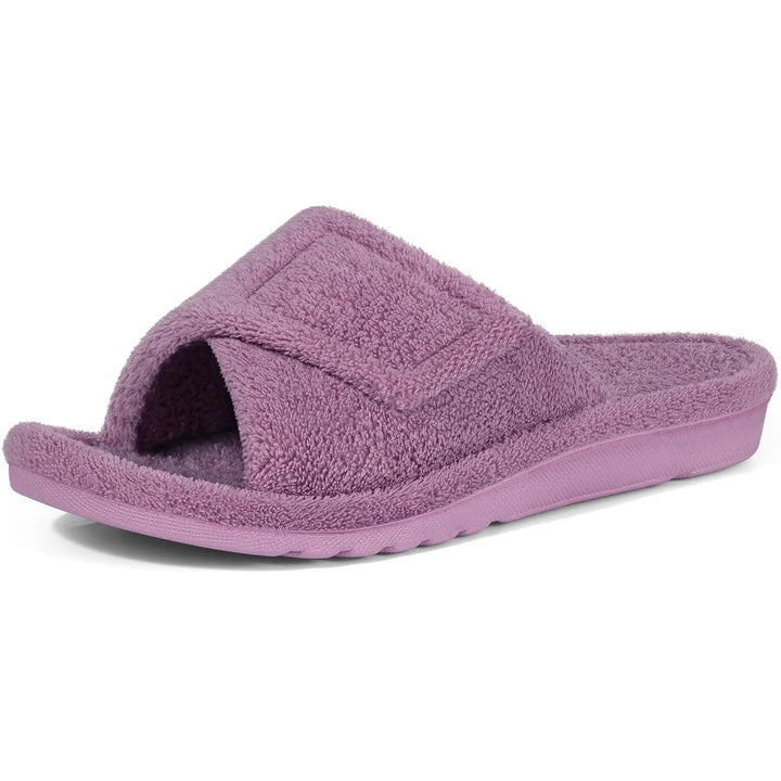 Terry open-toe slippers with adjustable strap