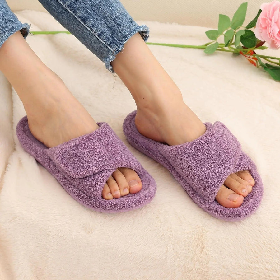 Terry open-toe slippers with adjustable strap