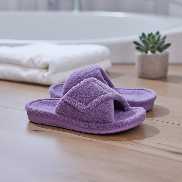Terry open-toe slippers with adjustable strap