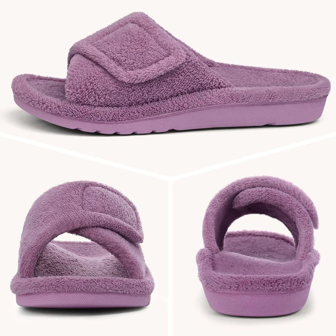 Terry open-toe slippers with adjustable strap