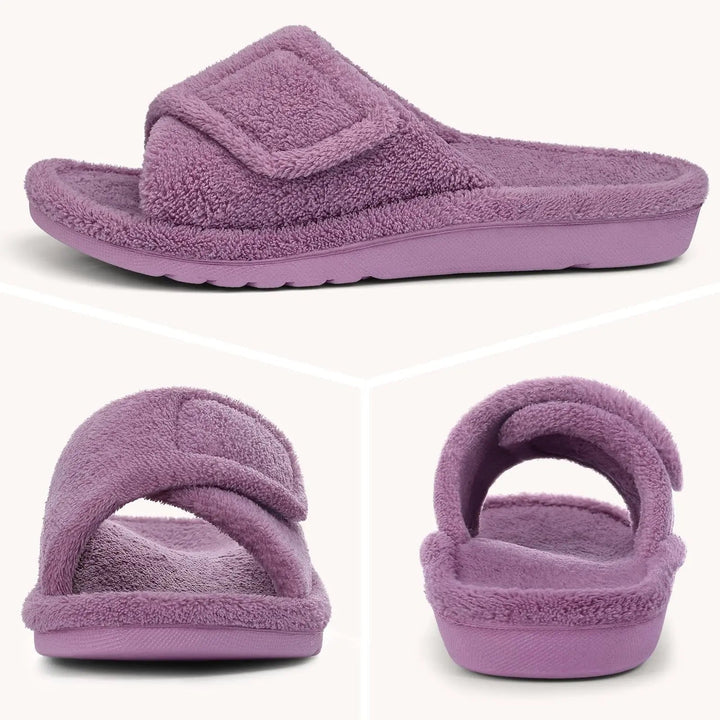 Terry open-toe slippers with adjustable strap