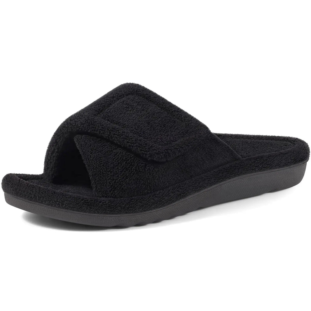 Terry open-toe slippers with adjustable strap