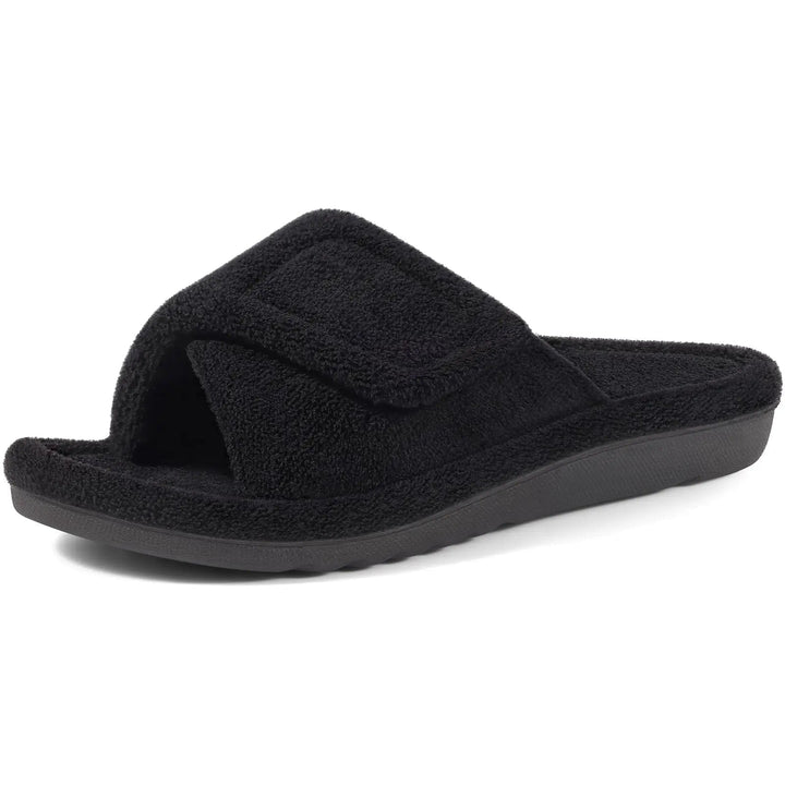 Terry open-toe slippers with adjustable strap