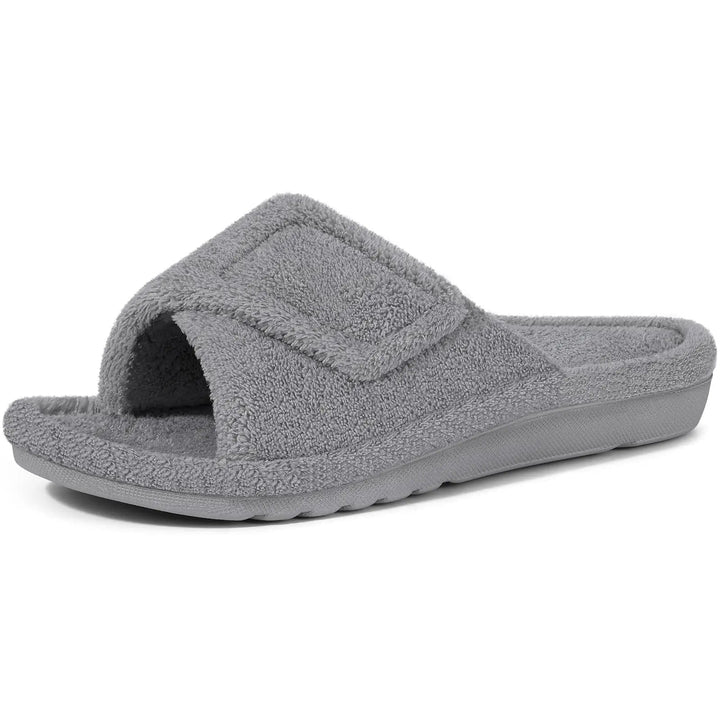 Terry open-toe slippers with adjustable strap